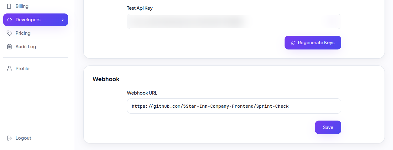 Developers page in the SprintCheck dashboard, showing the Webhook URL field